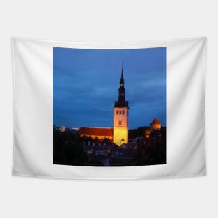 Nicholas Church, Niguliste Kirik, view from Toompea to Lower Town, Old Town at dusk, Tallinn, Estonia, Europe Tapestry