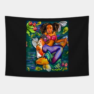 Mermaid checking her phone with Koi fish in koi pond with plants and flowers Tapestry