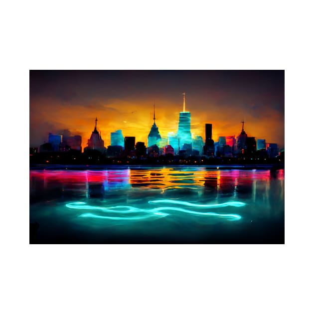Neon New York City Skyline With Neonlight Buildings / New York City Silhouette by Unwind-Art-Work