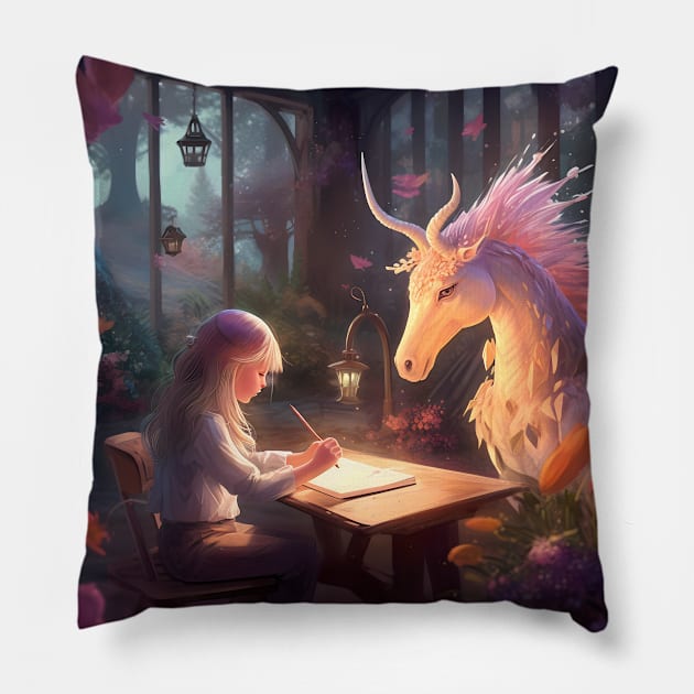 The Enchantment of Fantasy: A Magical Journey with a Dreaming Unicorn and an Adventurous Child in a Dream World Pillow by insaneLEDP