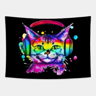 Happy Cat With Headphones Tapestry
