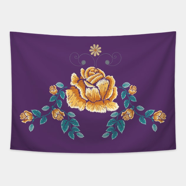 Yellow Embroidery Rose Ornament Tapestry by AnnArtshock