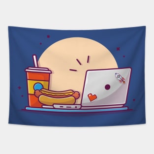 Tasty Hotdog with Mustard, Soda and Online Laptop Cartoon Vector Icon Illustration Tapestry