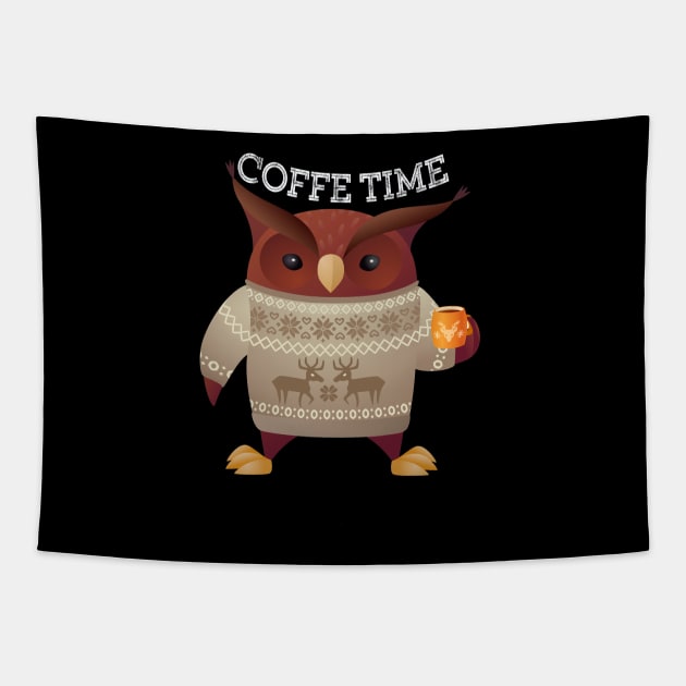 Owl Coffee Time Tapestry by JeffDesign