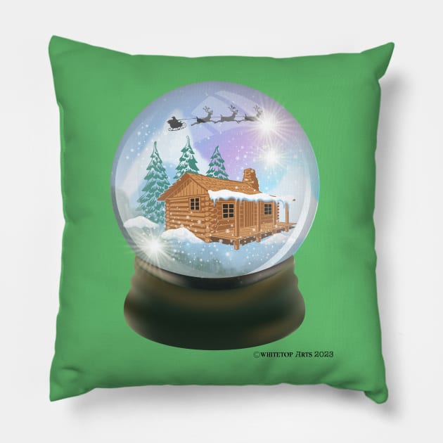 Snow Globe Santa and Reindeer Flying Over A Winter Cabin Pillow by Whitetop Arts