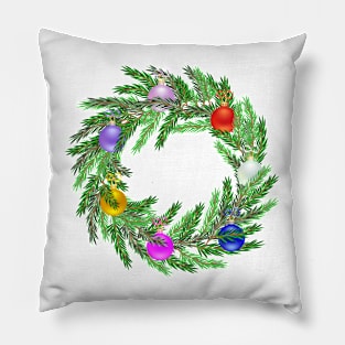 Lifelike Christmas wreath with many gradient colored baubles Pillow