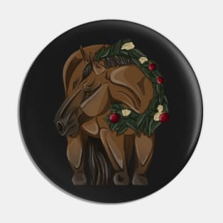 Bay Christmas Horse in Wreath Pin