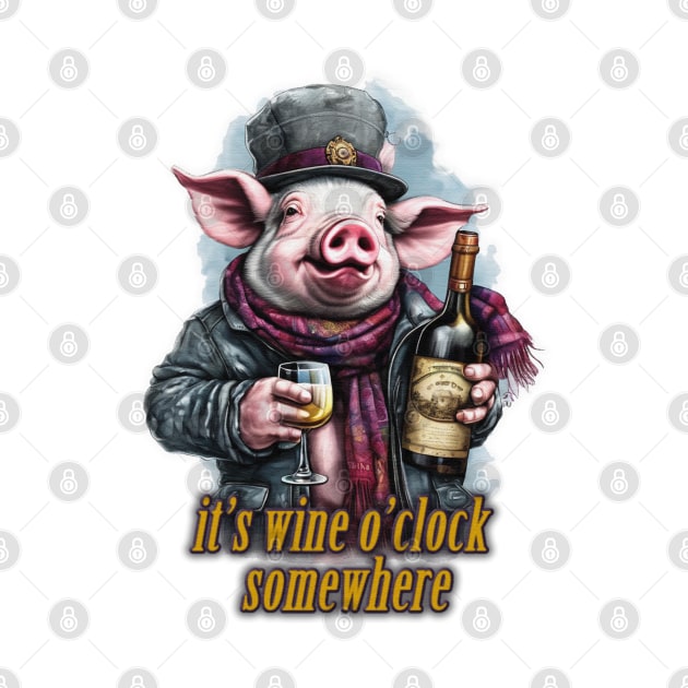 it's wine o'clock somewhere Pig wearing a jacket holding a Glass and bottle of wine by JnS Merch Store