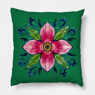 Anemone Clematis Watercolor Mandala Pillow