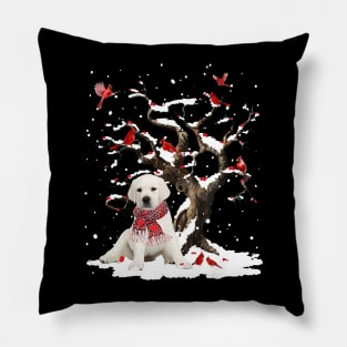 White Labrador Scarf Cardinal Snow Christmas Pillow