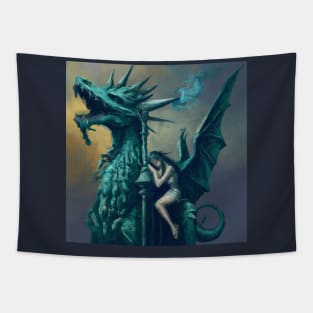 The Copper Green Dragon Statue And Lonely Girl Tapestry