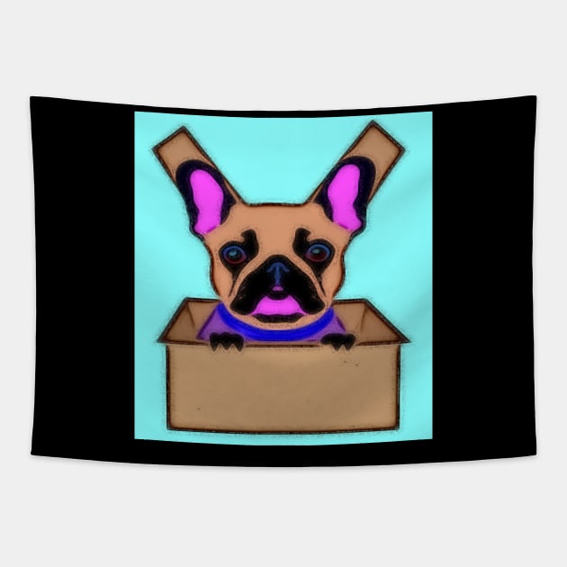 AI generated French Bulldog in cardboard box Tapestry by Catbrat