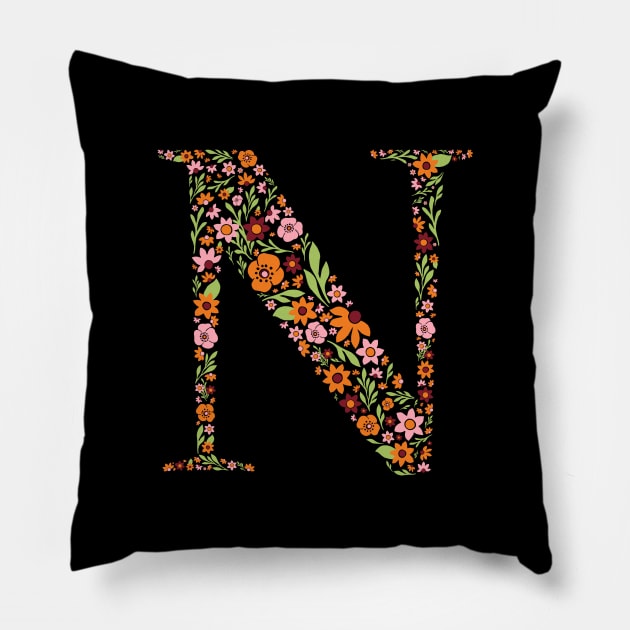Retro Floral Letter N Pillow by zeljkica