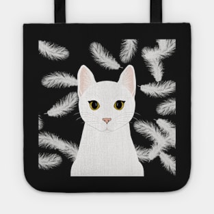 The cute white cat queen is watching you , white feathers on the black background Tote