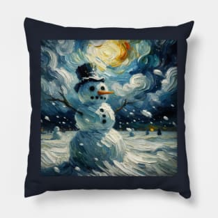 Snowman in a Starry Night Vista - Van Gogh-Inspired Winter Art Pillow