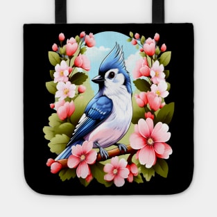 Cute Tufted Titmouse Surrounded by Vibrant Spring Flowers Tote