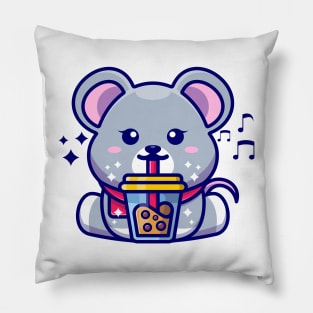 Cute mouse drinking boba milk tea cartoon Pillow