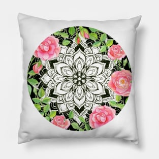 Peach Pink Roses and Mandalas on Black and White Lace Pillow