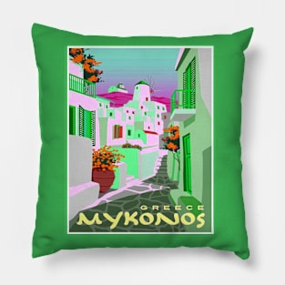 Mykonos Greece Colorful Abstract Surreal Travel and Tourism Print Pillow