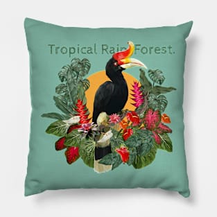 Tropical Rain forest and hornbill bird art. Pillow