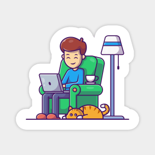 Male working on computer with cat cartoon Magnet