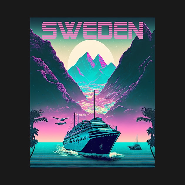 Sweden Cruise Synthwave Travel Art Poster by OldTravelArt