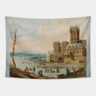 Figures in a Winter Landscape with a Gothic Castle by Johann Philipp Ulbricht Tapestry