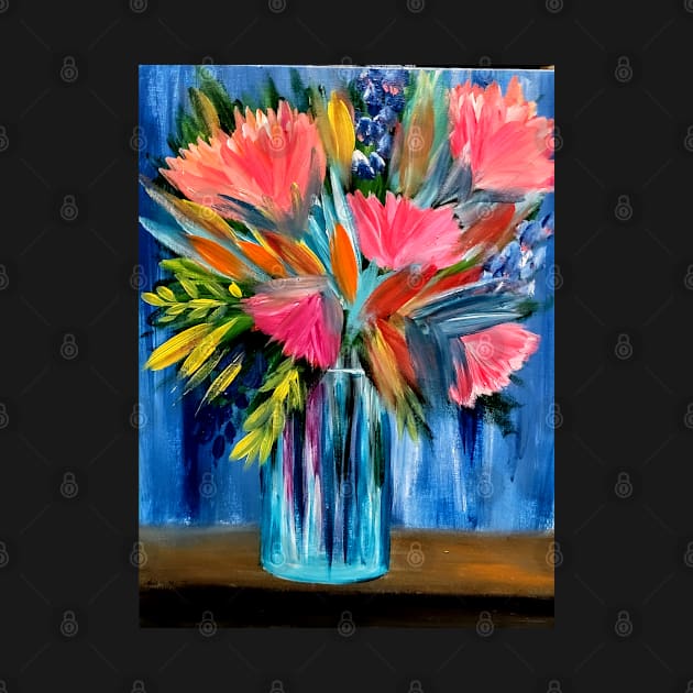 A lovely boutique of abstract vibrant bright colorful  flowers in a tall turquoise glass vase by kkartwork