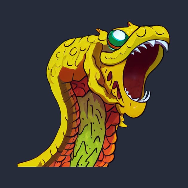 Yellow and red snake head with sharp fangs and sapphire green eye by CutePlanetEarth