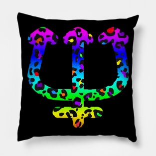 Neptune Planet Symbol in Dark Rainbow Leopard Print Pillow