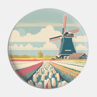 Vintage Retro Dutch Windmill and Tulip Fields Pin