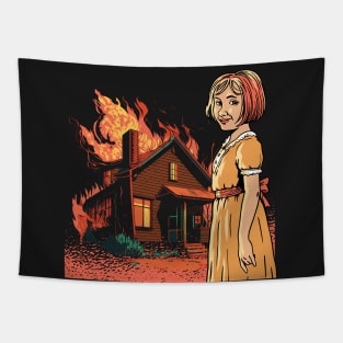 Funny Internet Meme Smiling Girl with Burning House // F Around and Find Out Tapestry