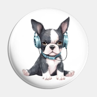 Watercolor Boston Terrier Dog with Headphones Pin