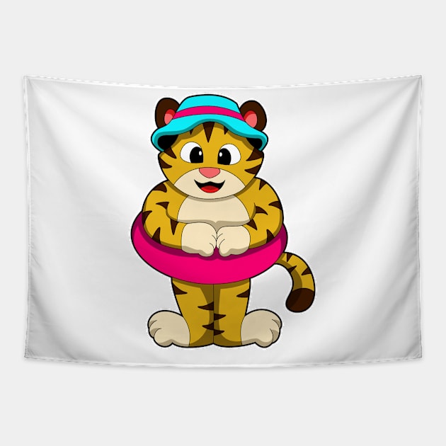 Tiger at Swimming with Swim ring & Hat Tapestry by Markus Schnabel