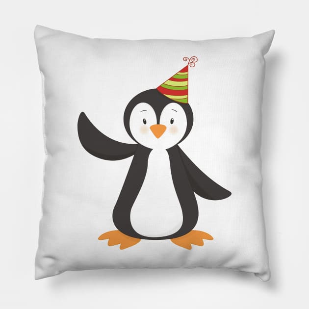 Cute Penguin, Baby Penguin, Penguin With Party Hat Pillow by Jelena Dunčević