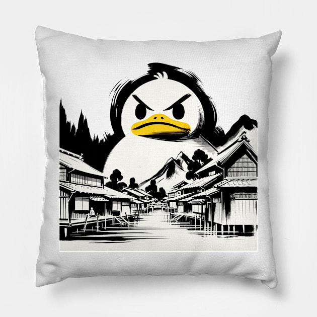 Japanese Big Duck Monster Pun Funny Duck Pillow by KsuAnn