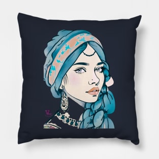 Boho girl in blue Pillow