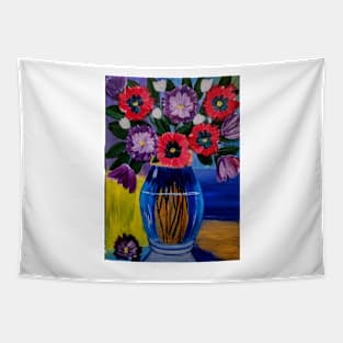 Beautiful flowers set against a colorblock background in a glass vase Tapestry