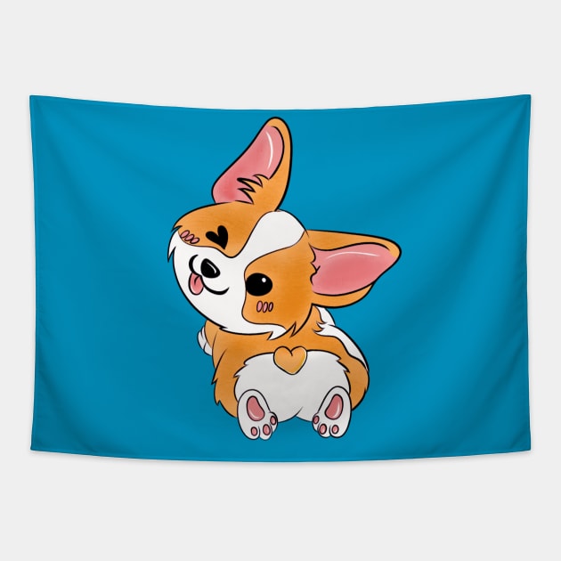 Winking Corgi Love Button: Adorable Kawaii Design with a Heart-Shaped Tail Tapestry by Ms. MillieLeeHarper