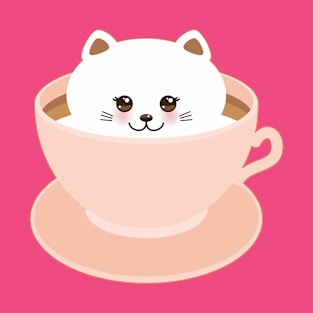 Cute Kawaii cat in pink cup of froth art coffee (2) T-Shirt