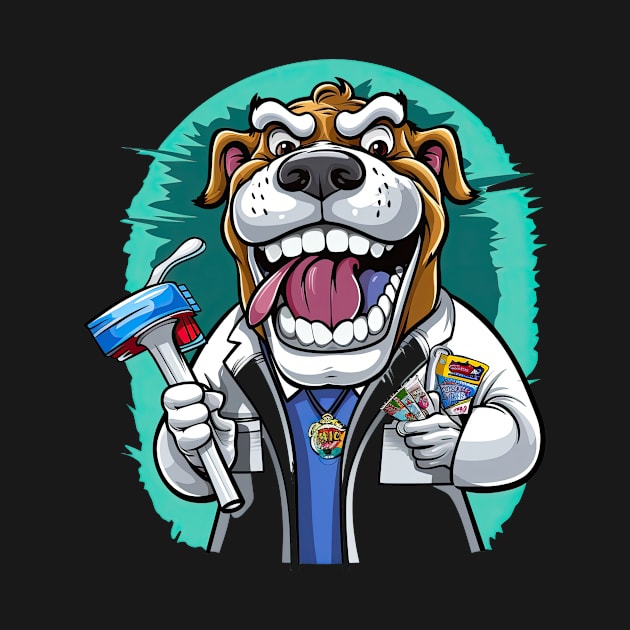 an English Bulldog wearing a dentist's coat and holding a giant toothbrush by teestore_24