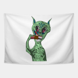 Spooky Cartoon Alien Eating A Chocolate Bar Tapestry