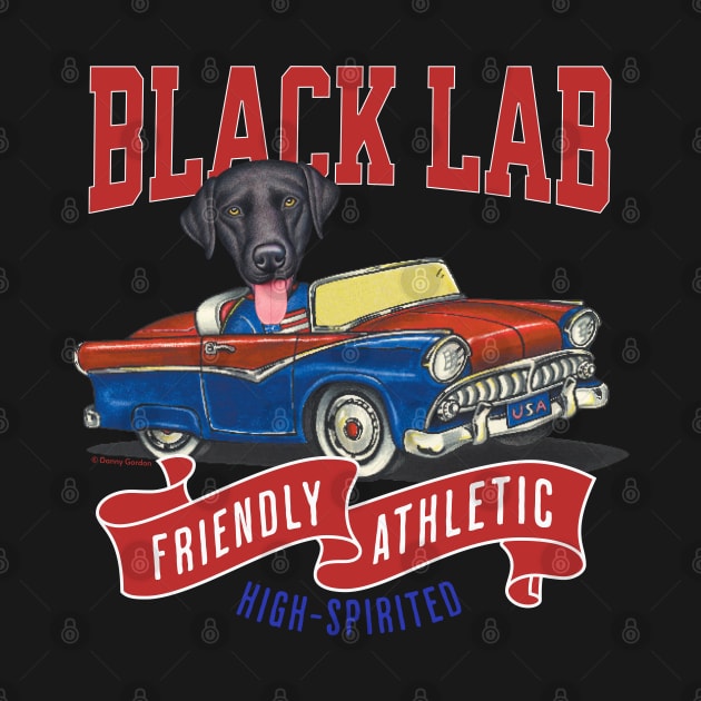 Humor cute funny black lab labrador retriever dog driving a vintage classic retro car to a parade with red white and blue flags by Danny Gordon Art