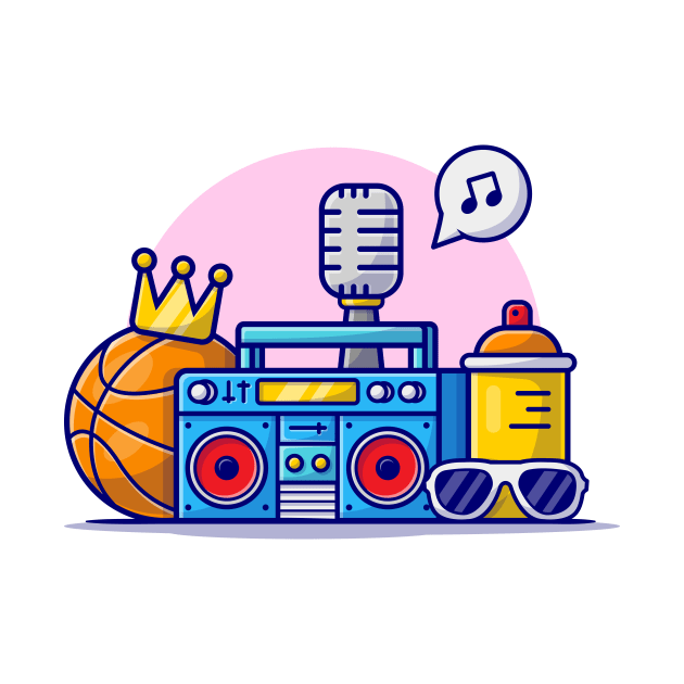 Hip Hop Music with Basketball, Boombox, Glasses, Crown and Microphone Cartoon Vector Icon Illustration by Catalyst Labs