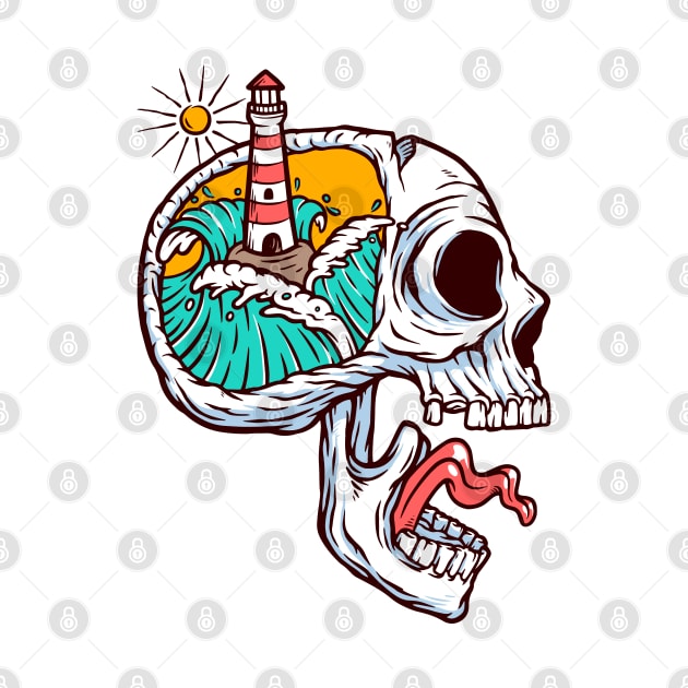 lighthouse and ocean in skull mind by sharukhdesign