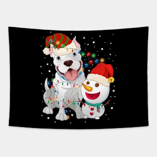 Funny Pitbull Dog Snowman wearing a santa hat Light Tree Christmas Tapestry