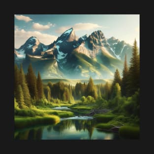 Serene Mountain and River Landscape – Tranquil Nature Art T-Shirt