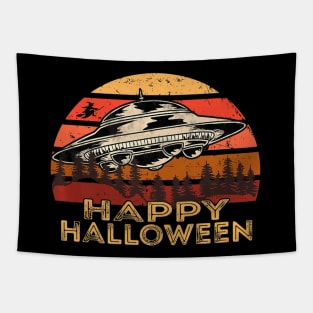 UFO Witch at the Tree Line Retro Sunset Happy Halloween Premium Tapestry