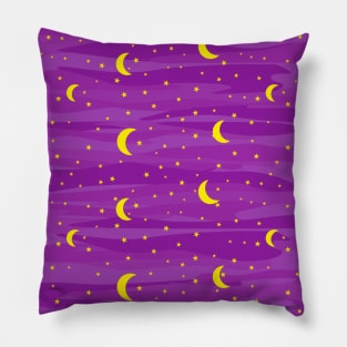 Dark Purple Night Sky - Stars and Moon Seamless Pattern Pillow