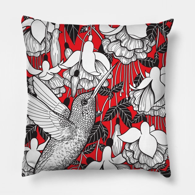 Hummingbird and fuchsia, red background Pillow by katerinamk